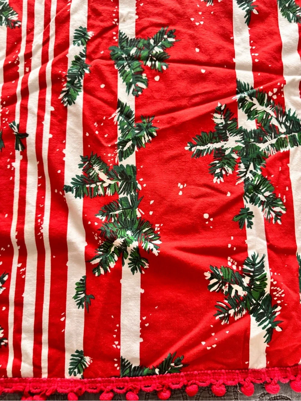 Vintage Christmas Tablecloth 65x50 Red White Pine Branches Pom Pom Trim Holiday